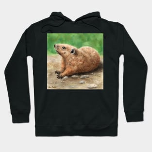 Painting of a Groundhog Looking Up, in a Green Field Hoodie